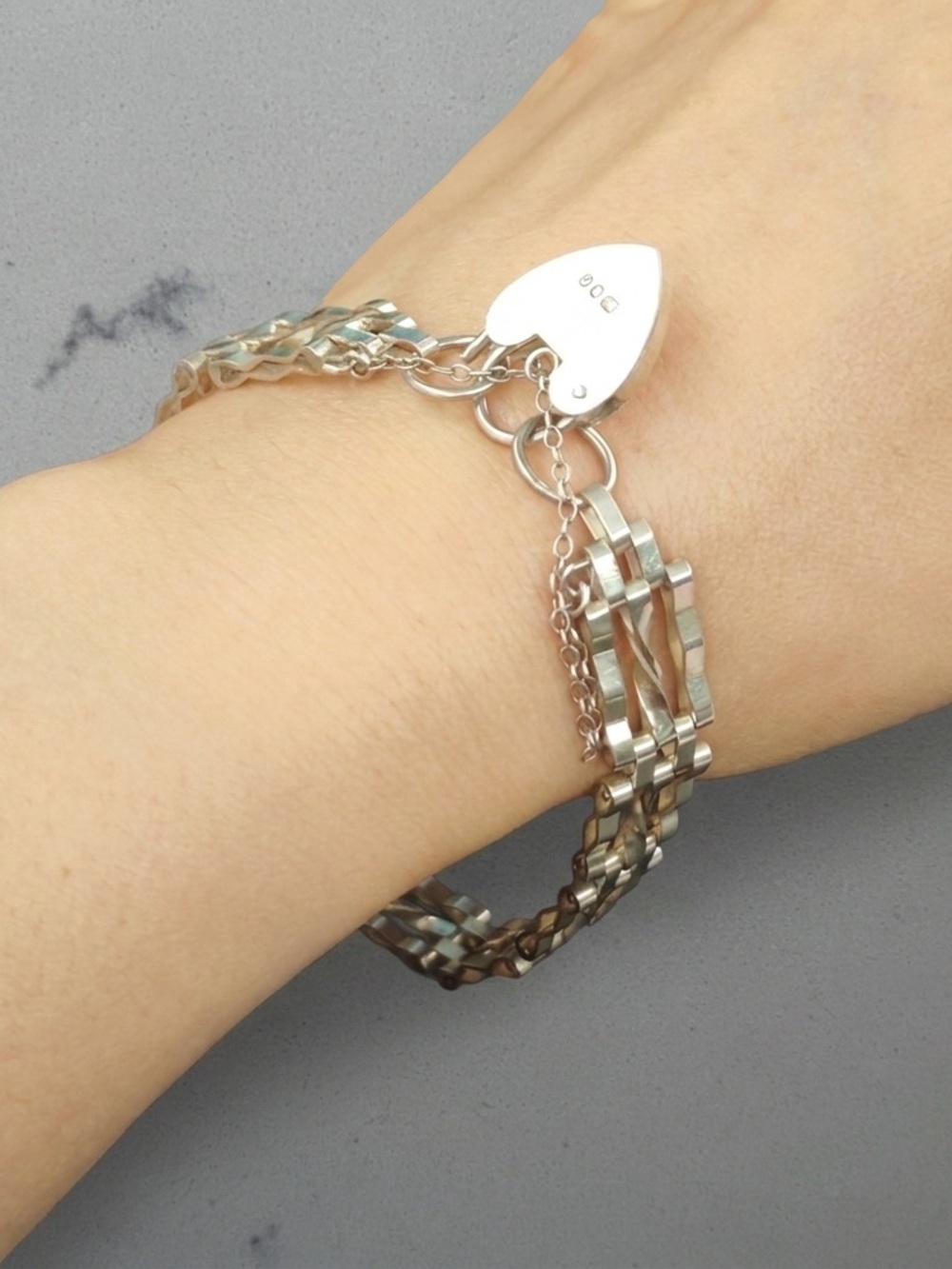 Vintage Sterling Silver Gate Link Bracelet with Heart Padlock Clasp